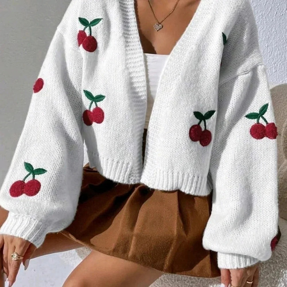 Cherry Pattern Drop Shoulder Duster Cardigan - Picture 5 of 7